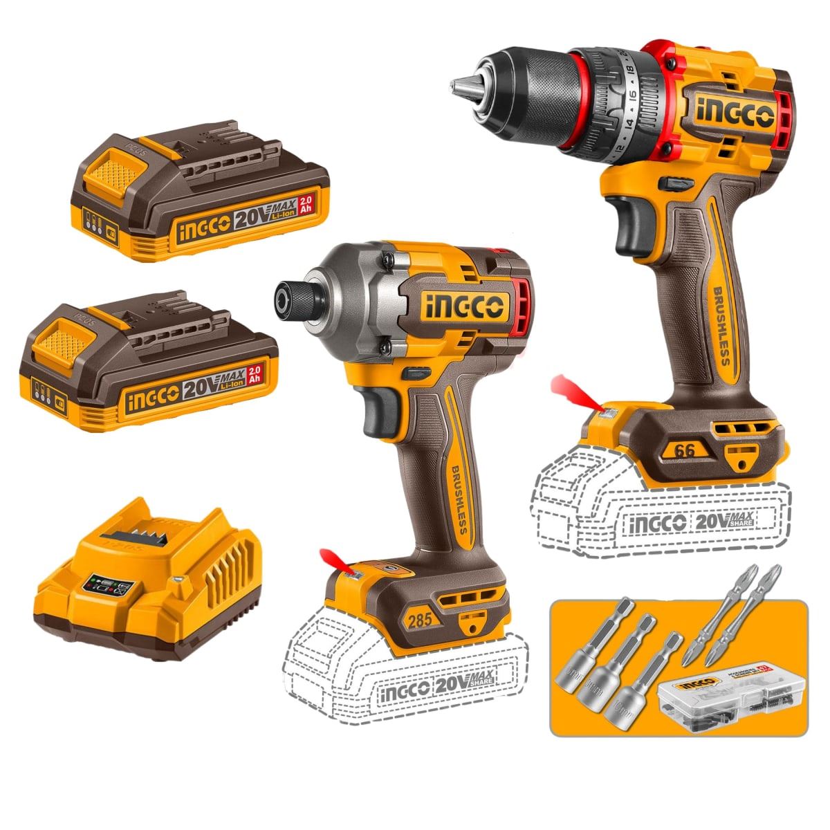 Combo taladro percutor 66nm + atornillador de impacto 285nm Ingco